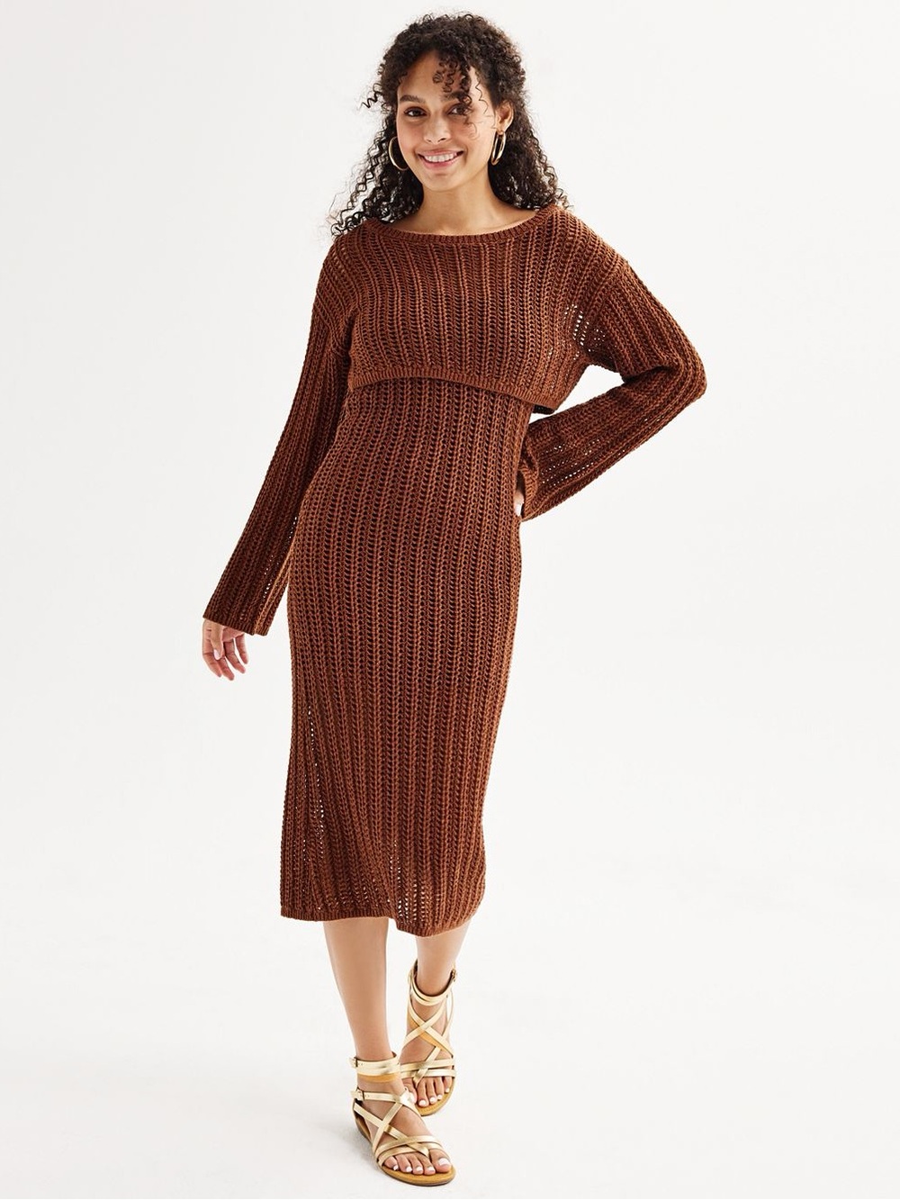 SO Brown Ribbed Knit Midi Dress